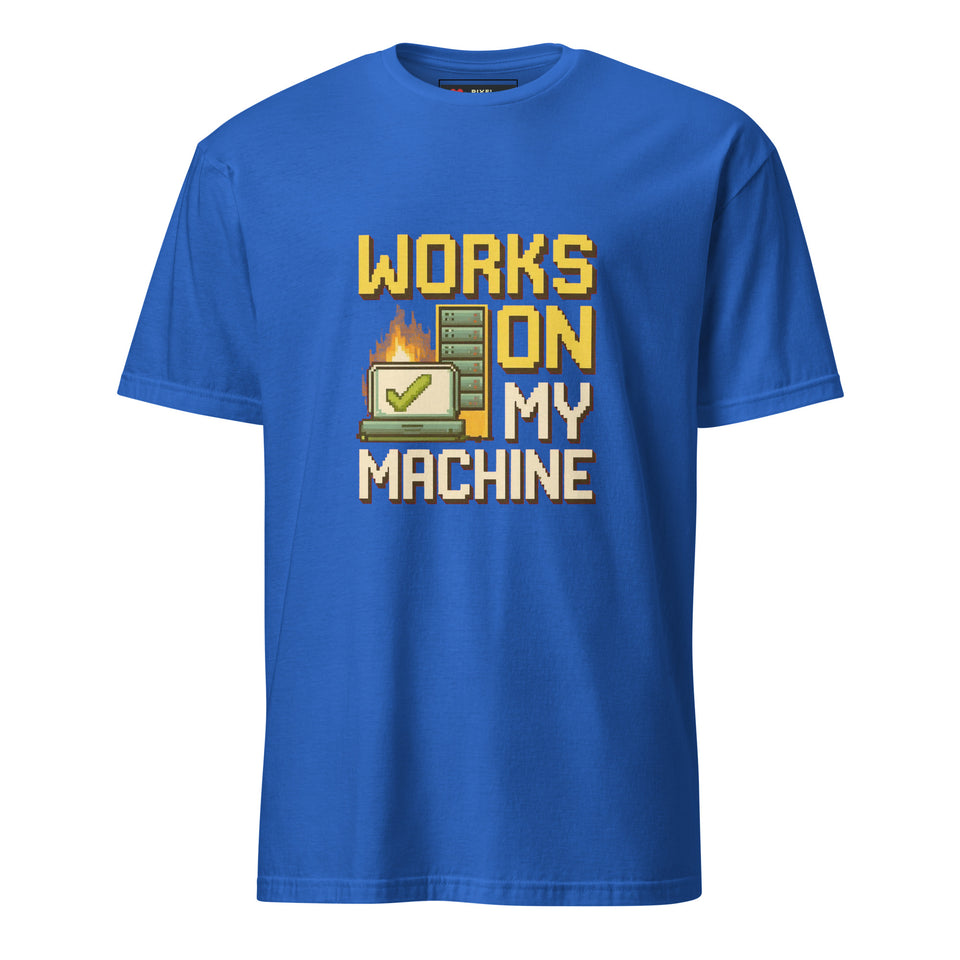 It Works On My Machine pixel art developer t-shirt in royal blue