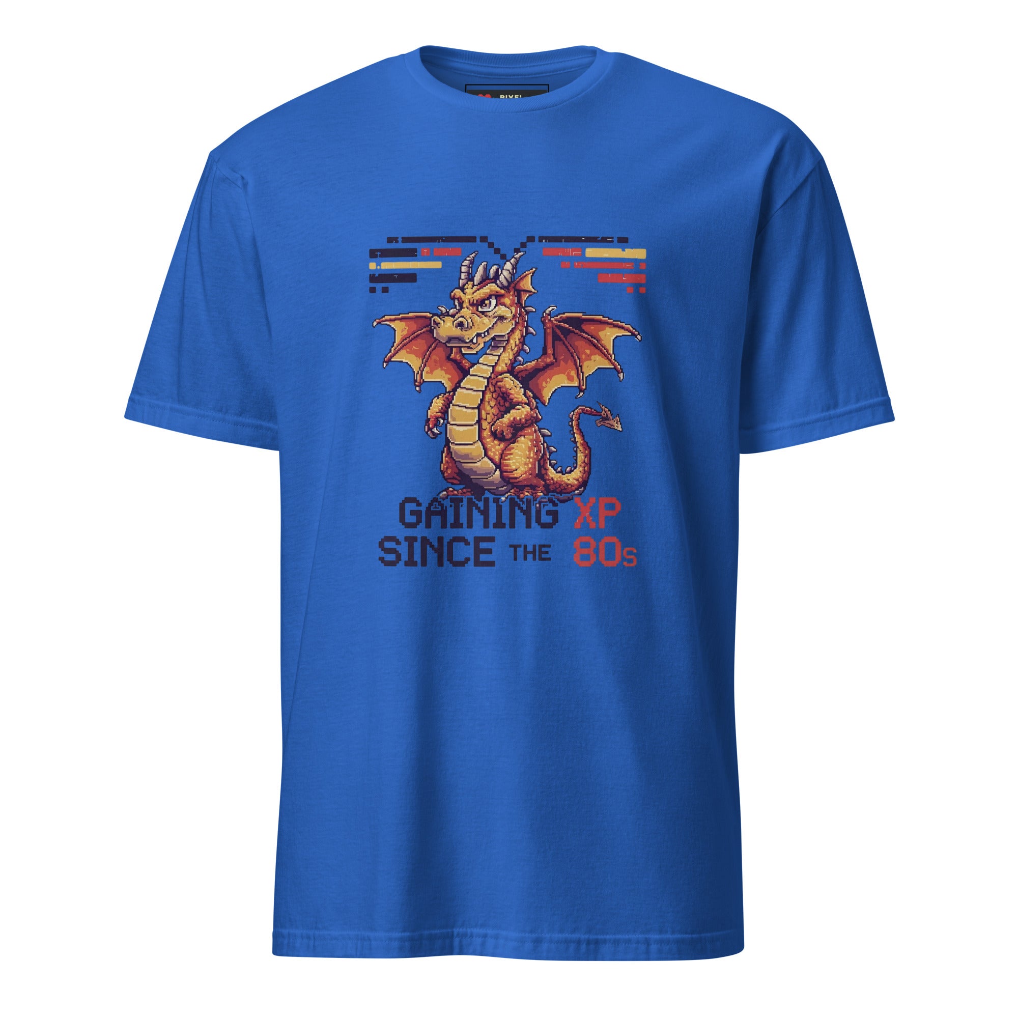 Gaining XP Since the 80s pixel art dragon gamer t-shirt in royal blue