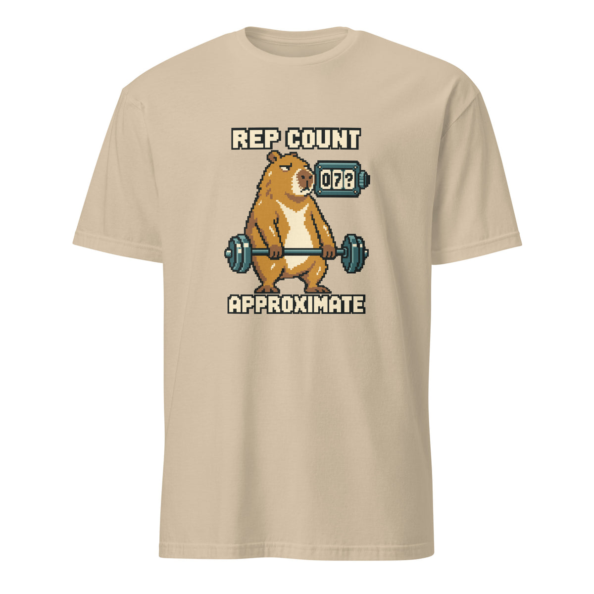 Rep Count: Approximate pixel art fitness t-shirt with an ochre capybara holding a teal barbell beside a 07? counter and cream lettering on a Sand unisex t-shirt, front view