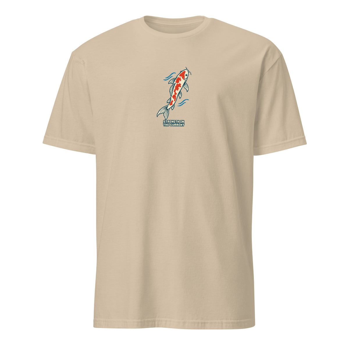 Strength in the Current Pixel Koi Tee in Sand, front view with a compact koi and STRENGTH IN THE CURRENT lettering