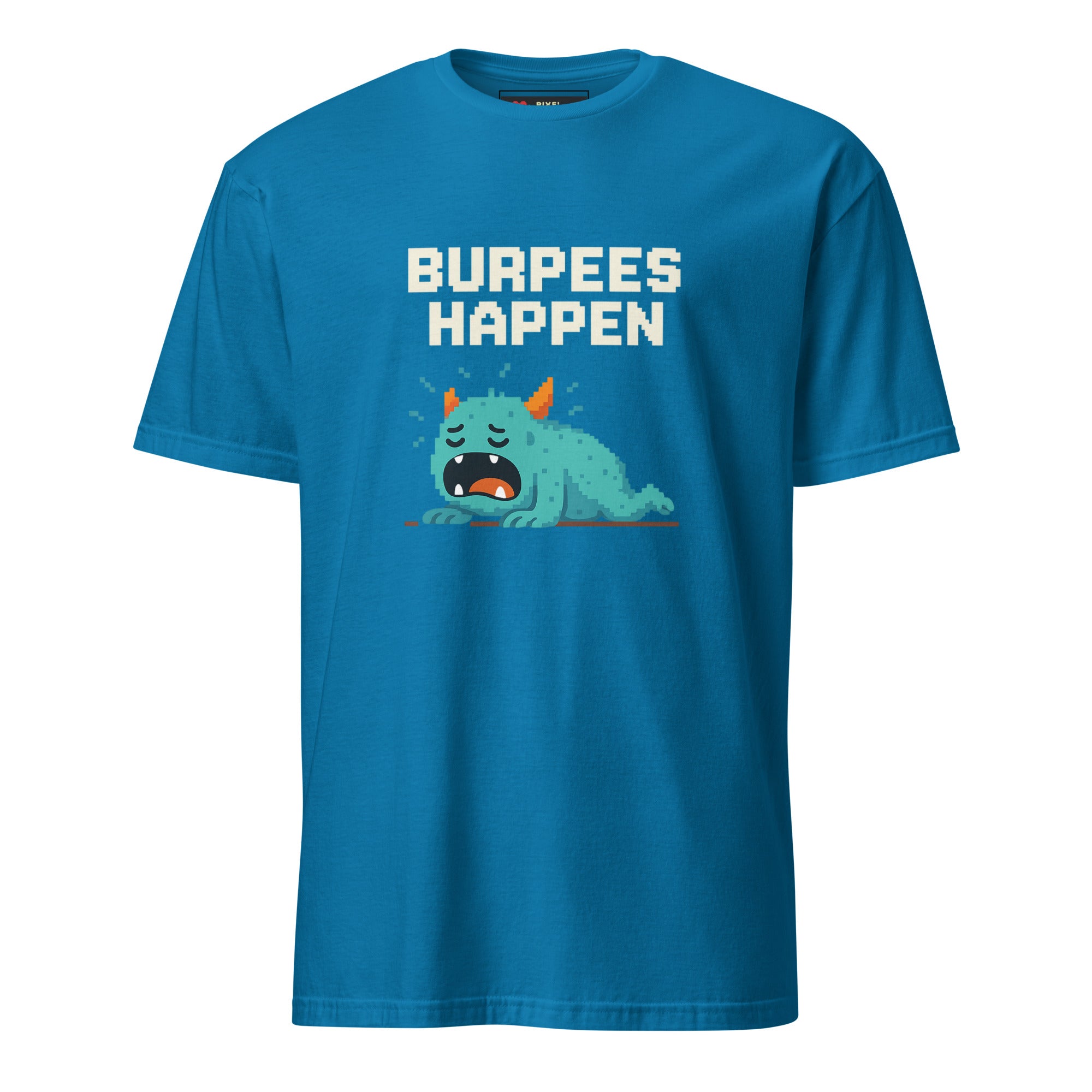 Burpees Happen pixel art workout fitness t-shirt in sapphire