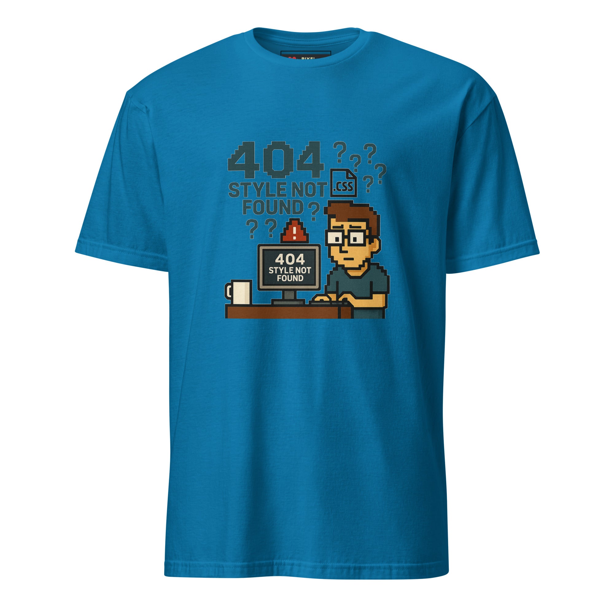 404 Style Not Found pixel art developer t-shirt in sapphire