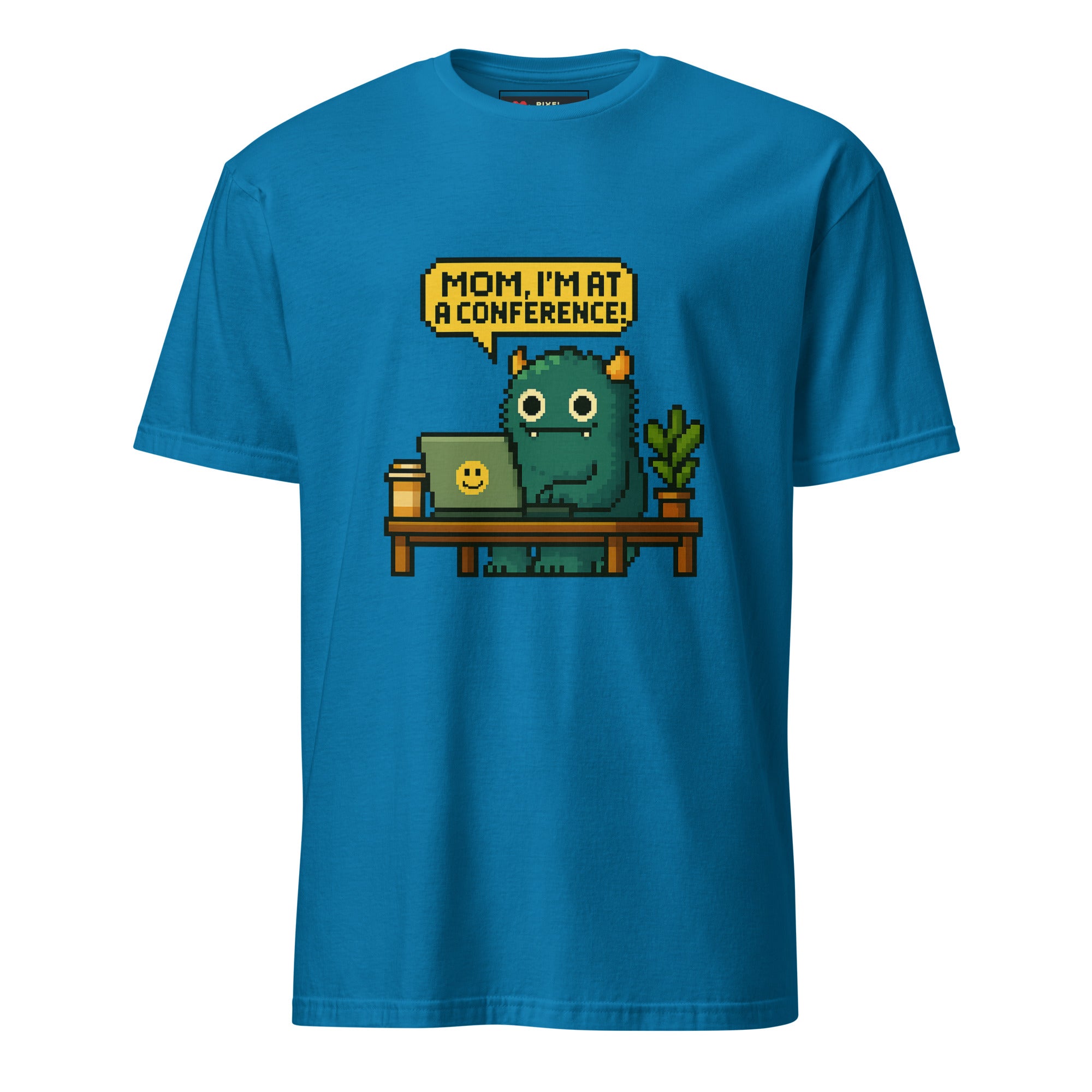 Me at Conference pixel art developer life t-shirt in sapphire