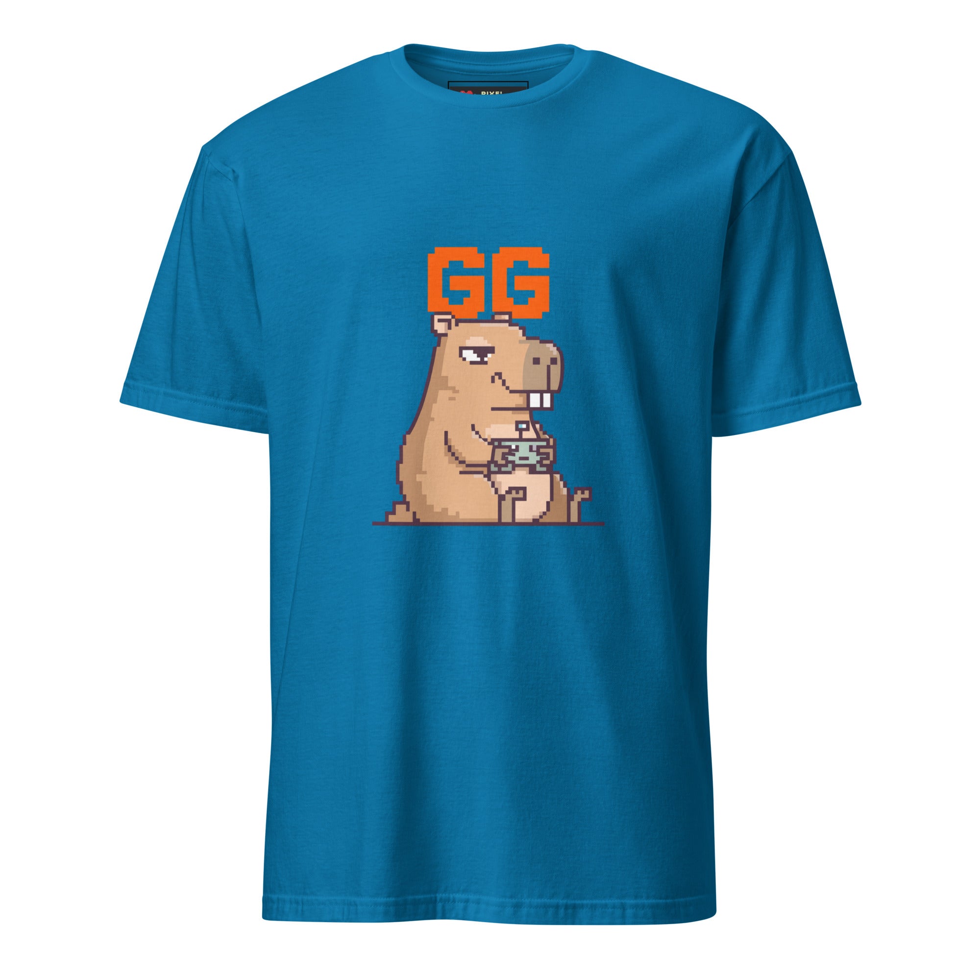 Unbothered Capybara GG pixel art gamer t-shirt — Sapphire unisex short-sleeve tee
