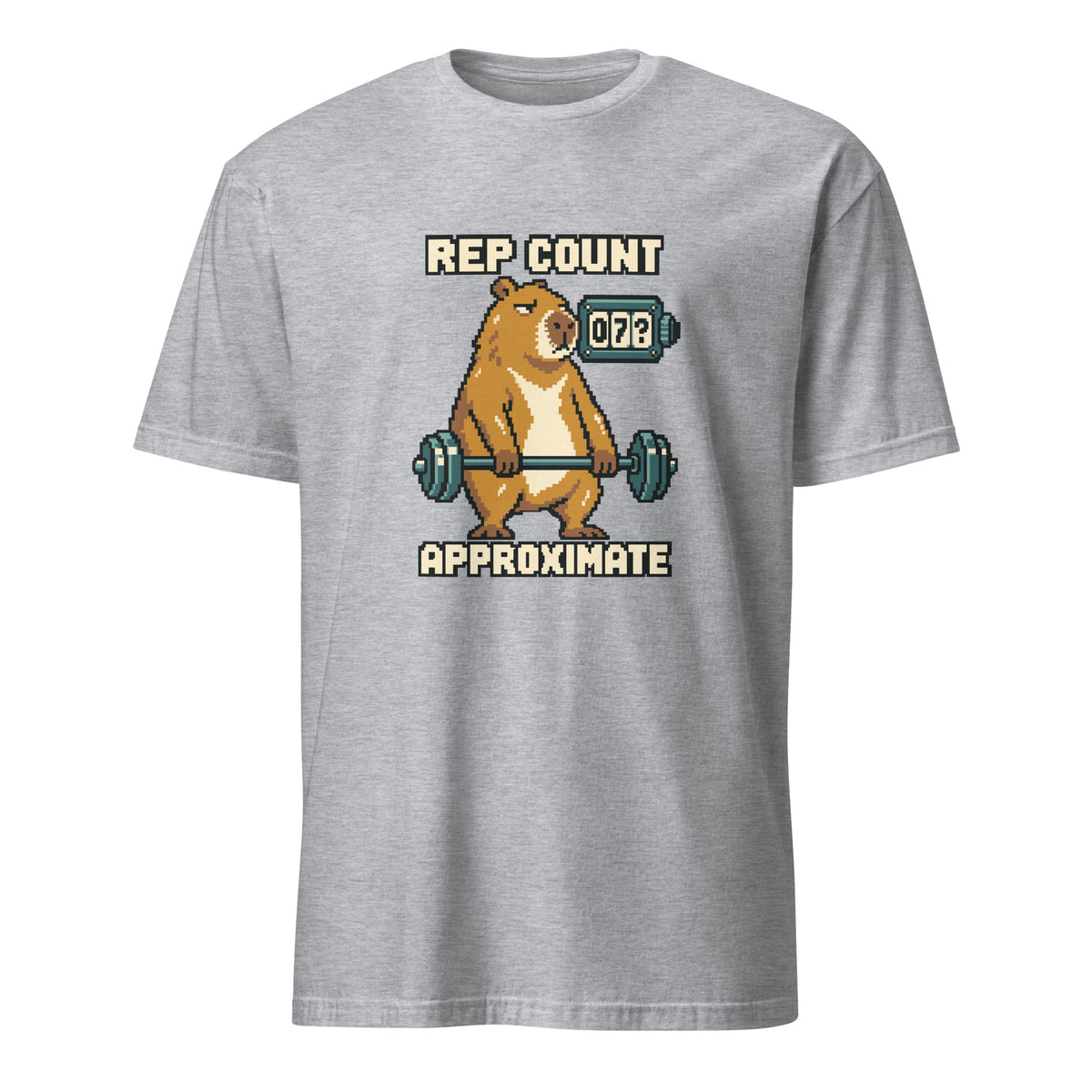 Rep Count: Approximate pixel art fitness t-shirt with an ochre capybara holding a teal barbell beside a 07? counter and cream lettering on a Sport Grey unisex t-shirt, front view
