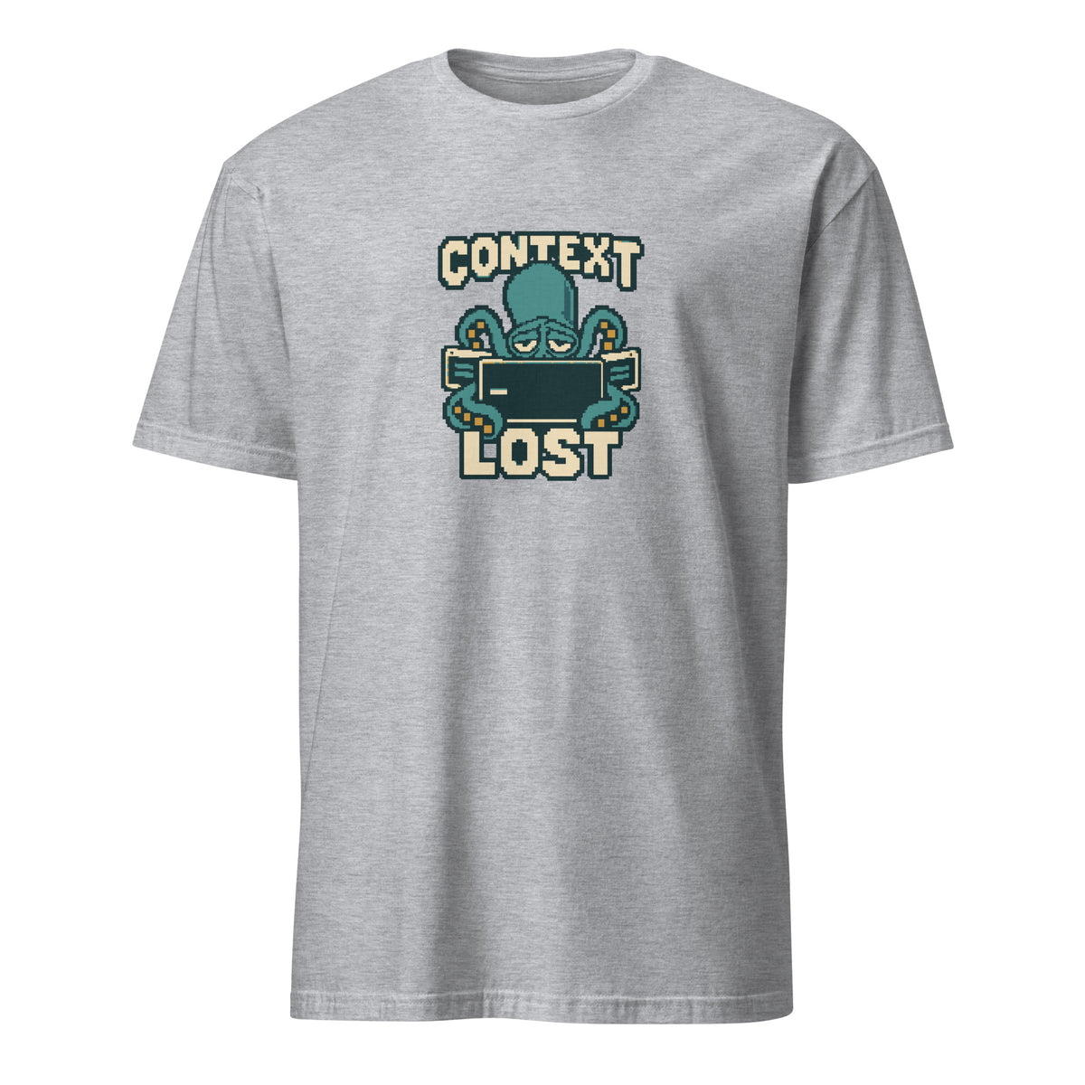 Context Lost pixel art developer t-shirt with a tired teal octopus behind an empty terminal and cream CONTEXT LOST lettering on a Sport Grey unisex t-shirt, front view
