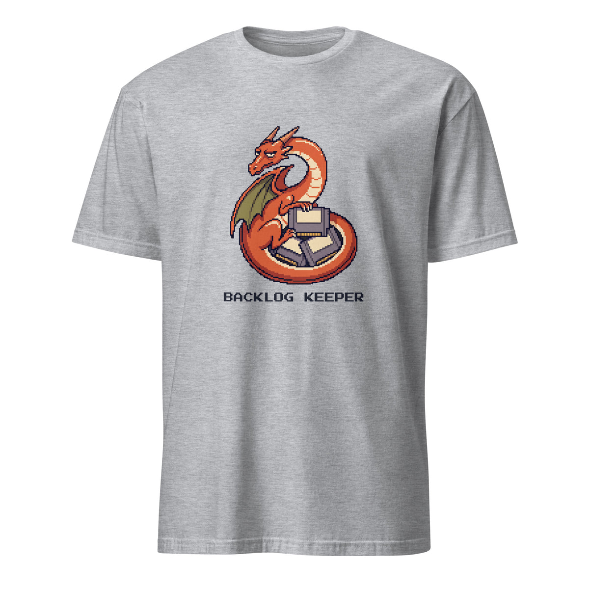 Backlog Keeper pixel gamer tee with an orange dragon guarding three retro game cartridges on a Sport Grey unisex t-shirt, front view