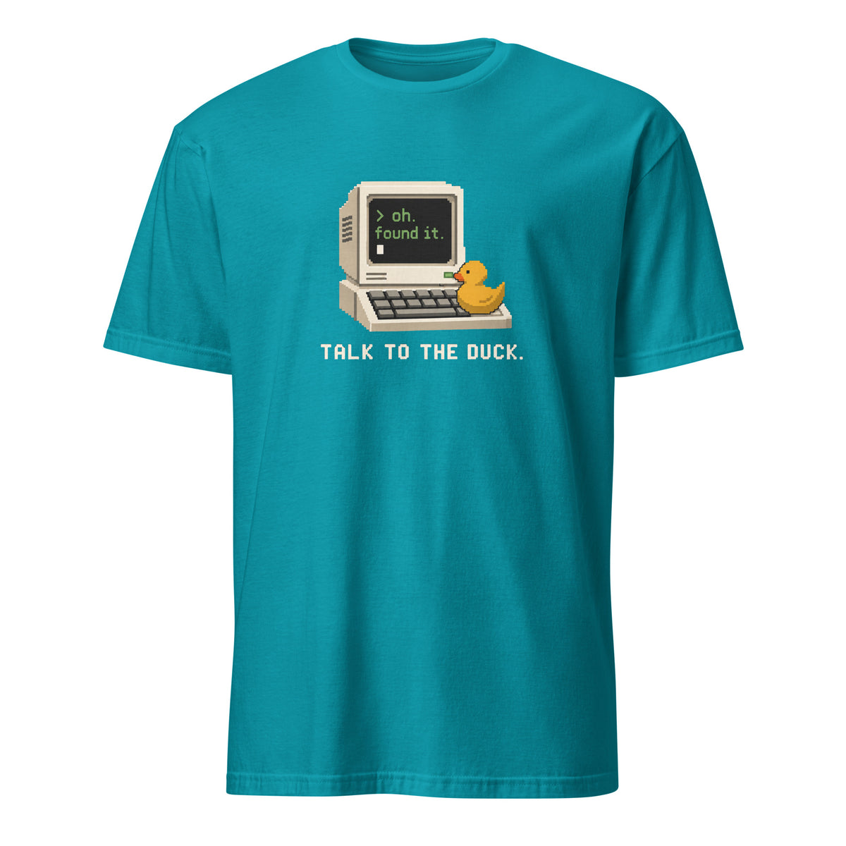Talk to the Duck pixel artwork with a complete retro computer and yellow rubber duck on a Tropical Blue unisex t-shirt, front view