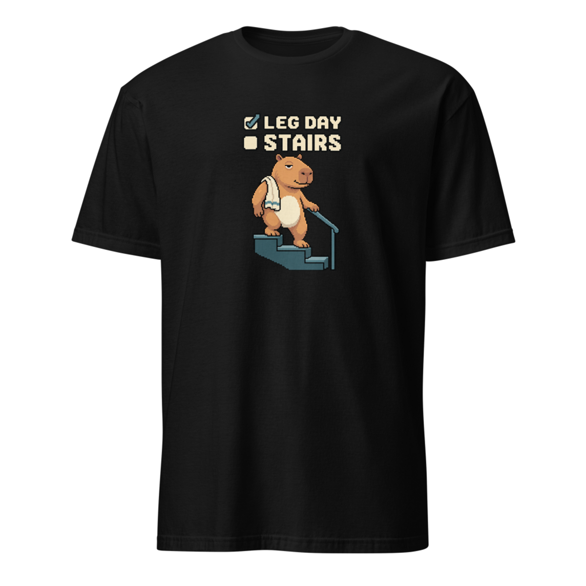 Stairs Pending pixel art fitness t-shirt with Capy holding a stair rail, gym towel and a Leg Day checked, Stairs unchecked checklist on a Black unisex t-shirt