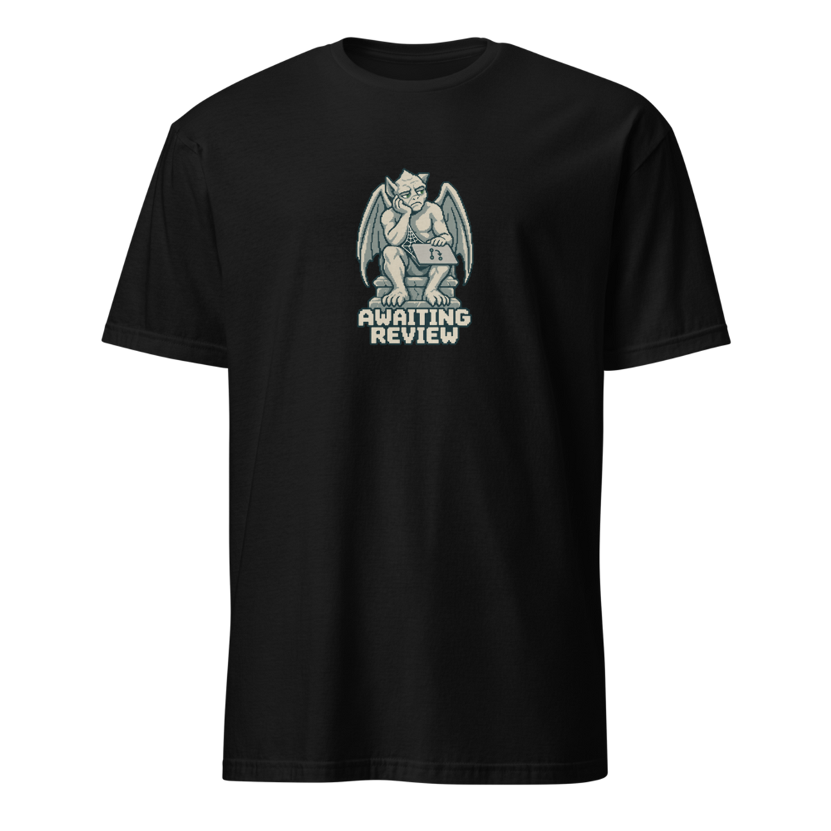 Awaiting Review pixel art developer t-shirt with a weary stone gargoyle, closed laptop, cobweb and bold lettering on a Black unisex t-shirt