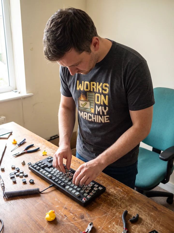 Developer wearing a Works on My Machine tee at a workbench