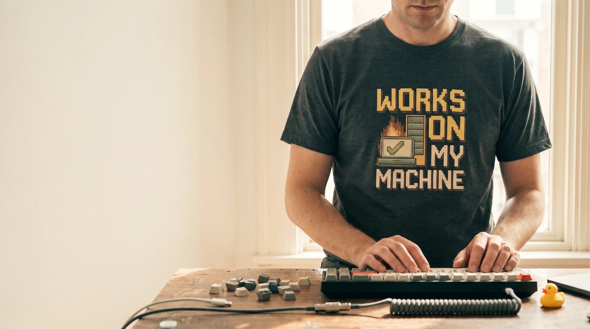 Developer wearing a pixel art tee at a workbench